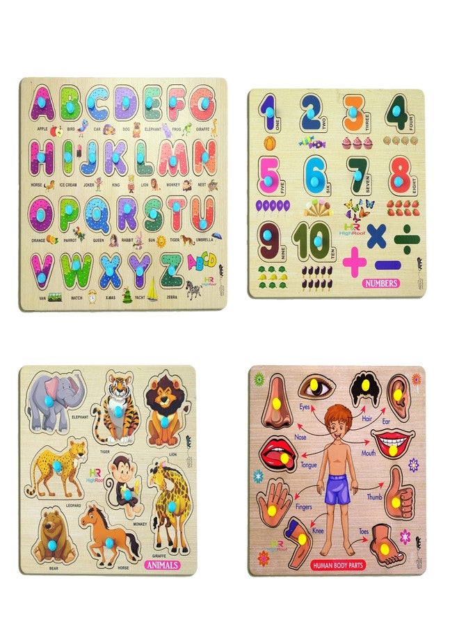 HIGHROOF® Toys for Kids Fort Pre Nursery Educational Jigsaw Puzzles for Adults Kids Learning Toys Kit Board Game 4 pcs Set of ABCD Alphabets Numbers Animals & Human Body Parts Educational Toy - Image 1